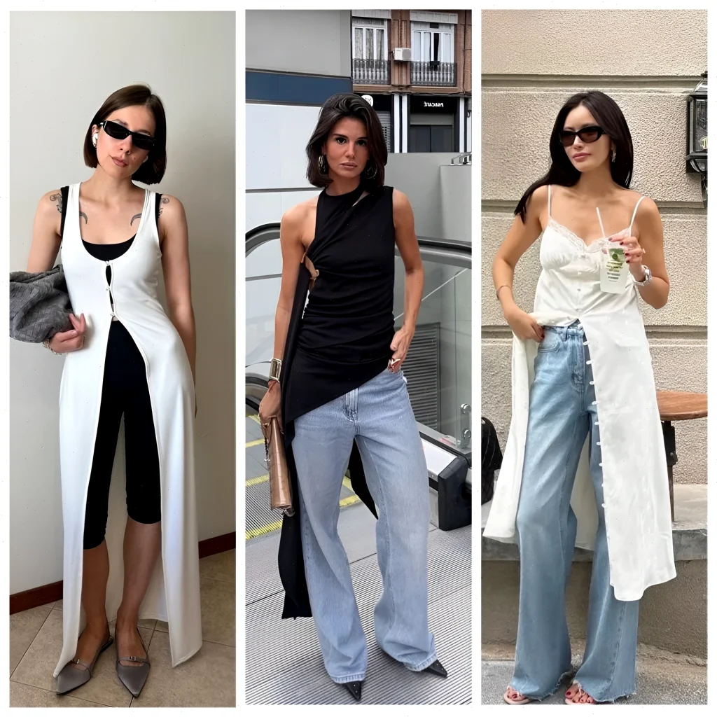 Riding the wave of “skants” (skirt-pants hybrids), layered ensembles defy typical summer conventions. Longline tops, worn as overlays atop jeans or bike shorts, gain traction—provided they feature vertical front slits or asymmetric cuts to cinch the waist and harmonize proportions.
